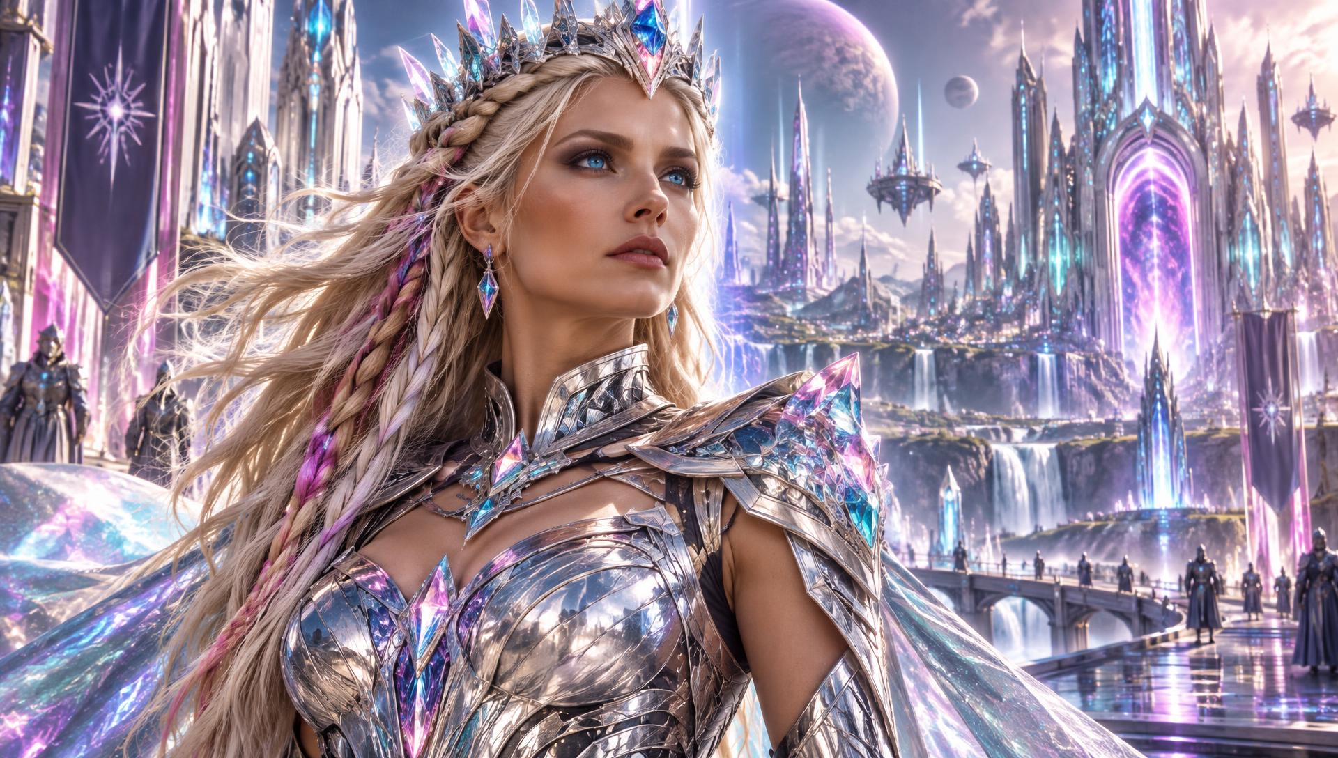 Valkyrie: a platinum-blonde warrior in iridescent crystal armor and a crystal crown before the crystal city